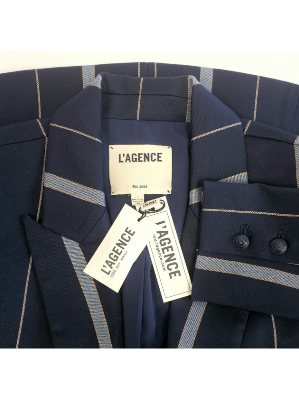 L'AGENCE Clementine Women's Striped Blazer Peak Lapel Jacket Navy Blue Size 4 - Picture 9 of 9